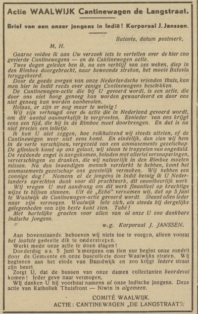 "Korporaal J. Janssen" schreef op 3 juni 1947 een verhaal in de Echo van het Zuiden om de inwoners van Waalwijk over te halen geld te geven voor een kantinewagen